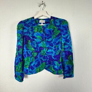 Vintage Papell Petites Womens Floral Silk Blouse Size 8 Long Sleeve Blue/Green